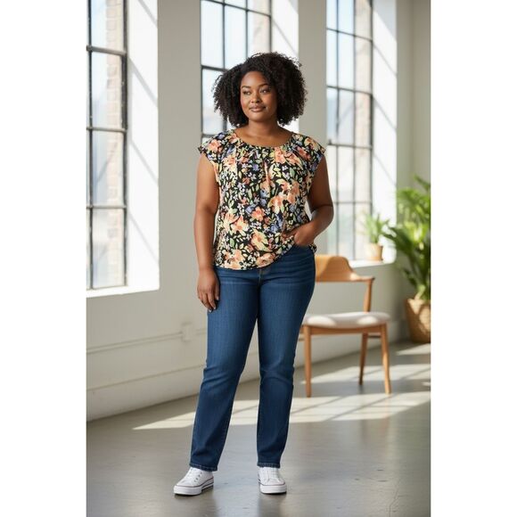 LC Lauren Conrad Women Pleat Neck Blouse Plus Size XXL Black Multicolor Floral - Picture 11 of 11